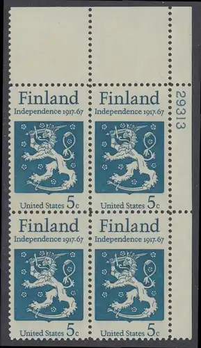USA Michel 0933 / Scott 1334 postfrisch PLATEBLOCK ECKRAND oben rechts m/ Platten-# 29313 - 50 Jahre Unabhängigkeit Finnlands; Staatswappen von Finnland