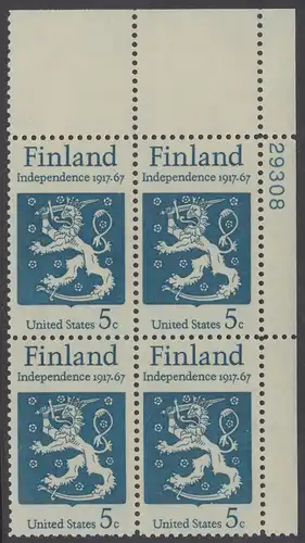USA Michel 0933 / Scott 1334 postfrisch PLATEBLOCK ECKRAND oben rechts m/ Platten-# 29308 - 50 Jahre Unabhängigkeit Finnlands; Staatswappen von Finnland
