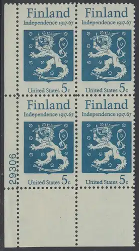 USA Michel 0933 / Scott 1334 postfrisch PLATEBLOCK ECKRAND unten links m/ Platten-# 29306 - 50 Jahre Unabhängigkeit Finnlands; Staatswappen von Finnland