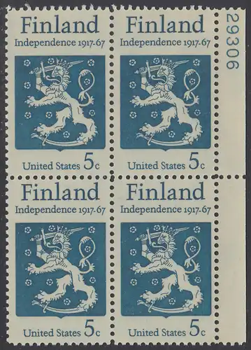 USA Michel 0933 / Scott 1334 postfrisch BLOCK RAND rechts m/ Platten-# 29306 - 50 Jahre Unabhängigkeit Finnlands; Staatswappen von Finnland