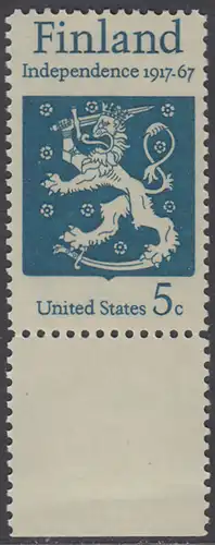 USA Michel 0933 / Scott 1334 postfrisch EINZELMARKE RAND unten (a1) - 50 Jahre Unabhängigkeit Finnlands; Staatswappen von Finnland