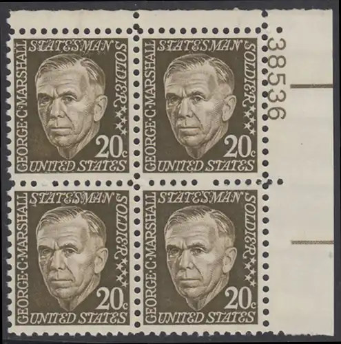 USA Michel 0935 / Scott 1289 postfrisch PLATEBLOCK ECKRAND oben rechts m/ Platten-# 38536 - Berühmte Amerikaner: George Catlett Marshall, General und Politiker