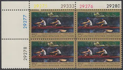 USA Michel 936 / Scott 1335 postfrisch PLATEBLOCK ECKRAND oben links m/ Platten-# 29275 (a) - Das Bootsrennen der Brüder Biglin; Gemälde von Thomas Eakins 