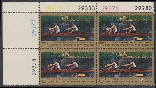 USA Michel 936 / Scott 1335 postfrisch PLATEBLOCK ECKRAND oben links m/ Platten-# 29275 (b) - Das Bootsrennen der Brüder Biglin; Gemälde von Thomas Eakins 