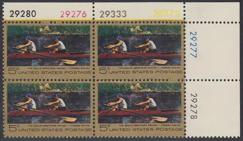 USA Michel 936 / Scott 1335 postfrisch PLATEBLOCK ECKRAND oben rechts m/ Platten-# 29275 (b) - Das Bootsrennen der Brüder Biglin; Gemälde von Thomas Eakins 