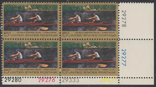 USA Michel 936 / Scott 1335 postfrisch PLATEBLOCK ECKRAND unten rechts m/ Platten-# 29275 (a) - Das Bootsrennen der Brüder Biglin; Gemälde von Thomas Eakins 