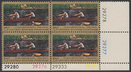 USA Michel 936 / Scott 1335 postfrisch PLATEBLOCK ECKRAND unten rechts m/ Platten-# 29275 (b) - Das Bootsrennen der Brüder Biglin; Gemälde von Thomas Eakins 