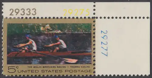 USA Michel 936 / Scott 1335 mit Falzrest EINZELMARKE ECKRAND oben rechts m/ Platten-# 29275 - Das Bootsrennen der Brüder Biglin; Gemälde von Thomas Eakins 