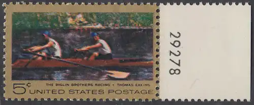 USA Michel 936 / Scott 1335 mit Falzrest EINZELMARKE RAND rechts m/ Platten-# 29278 - Das Bootsrennen der Brüder Biglin; Gemälde von Thomas Eakins 