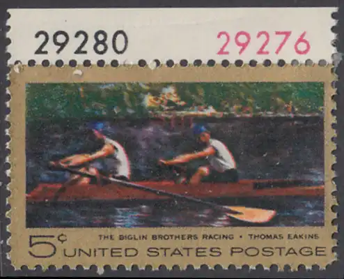 USA Michel 936 / Scott 1335 postfrisch EINZELMARKE RAND  oben m/ Platten-# 29280 - Das Bootsrennen der Brüder Biglin; Gemälde von Thomas Eakins 