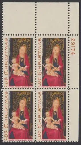 USA Michel 937 / Scott 1336 postfrisch PLATEBLOCK ECKRAND oben rechts m/ Platten-# 29174 - Weihnachten: Maria mit Kind und Engeln 