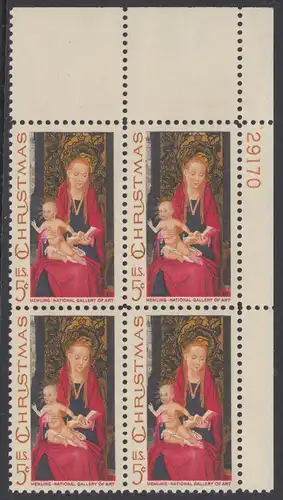 USA Michel 937 / Scott 1336 postfrisch PLATEBLOCK ECKRAND oben rechts m/ Platten-# 29170 - Weihnachten: Maria mit Kind und Engeln 