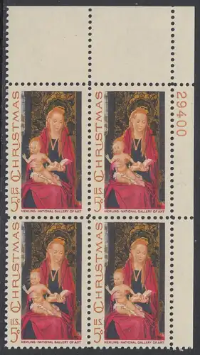 USA Michel 937 / Scott 1336 postfrisch PLATEBLOCK ECKRAND oben rechts m/ Platten-# 29400 - Weihnachten: Maria mit Kind und Engeln 