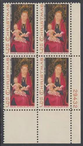 USA Michel 937 / Scott 1336 postfrisch PLATEBLOCK ECKRAND unten rechts m/ Platten-# 29432 - Weihnachten: Maria mit Kind und Engeln 