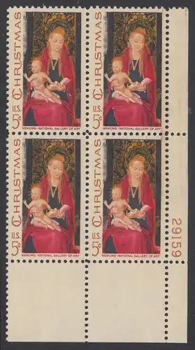 USA Michel 937 / Scott 1336 postfrisch PLATEBLOCK ECKRAND unten rechts m/ Platten-# 29159 - Weihnachten: Maria mit Kind und Engeln 