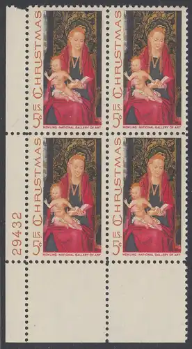 USA Michel 937 / Scott 1336 postfrisch PLATEBLOCK ECKRAND unten links m/ Platten-# 29432 - Weihnachten: Maria mit Kind und Engeln 