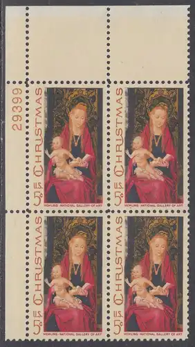 USA Michel 937 / Scott 1336 postfrisch PLATEBLOCK ECKRAND oben links m/ Platten-# 29399 - Weihnachten: Maria mit Kind und Engeln 