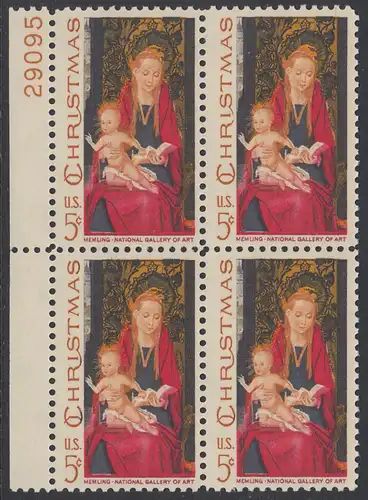 USA Michel 937 / Scott 1336 postfrisch BLOCK RÄNDER links m/ Platten-# 29095 - Weihnachten: Maria mit Kind und Engeln 