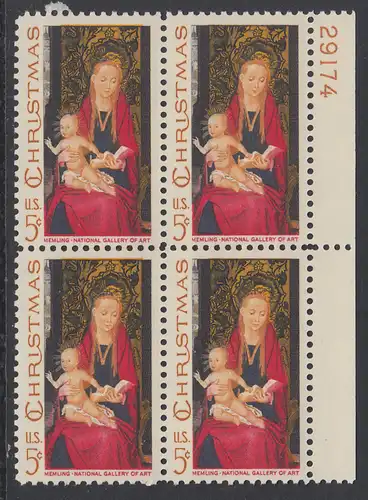 USA Michel 937 / Scott 1336 postfrisch BLOCK RÄNDER rechts m/ Platten-# 29174 - Weihnachten: Maria mit Kind und Engeln 