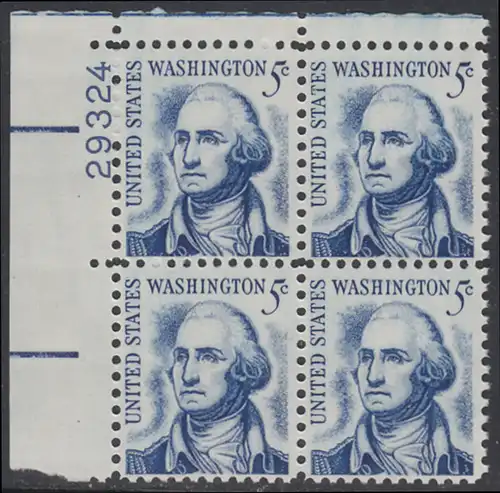 USA Michel 0937A / Scott 1283B postfrisch PLATEBLOCK ECKRAND oben links m/ Platten-# 29324 - Berühmte Amerikaner: George Washington, 1. Präsident 
