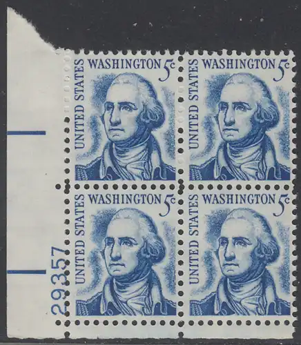 USA Michel 0937A / Scott 1283B postfrisch PLATEBLOCK ECKRAND unten links m/ Platten-# 29357 - Berühmte Amerikaner: George Washington, 1. Präsident 