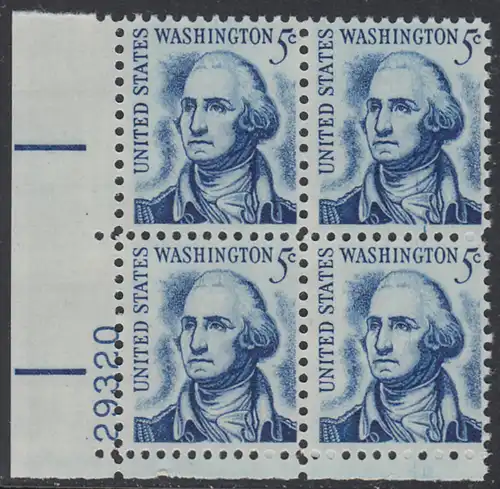 USA Michel 0937A / Scott 1283B postfrisch PLATEBLOCK ECKRAND unten links m/ Platten-# 29320 - Berühmte Amerikaner: George Washington, 1. Präsident 