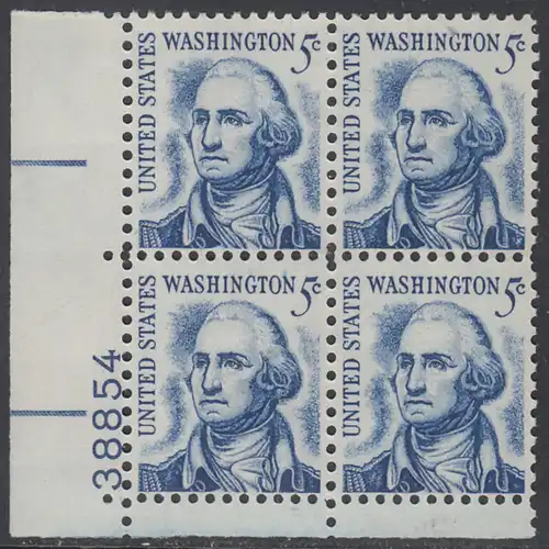 USA Michel 0937A / Scott 1283B postfrisch PLATEBLOCK ECKRAND unten links m/ Platten-# 38854 - Berühmte Amerikaner: George Washington, 1. Präsident 