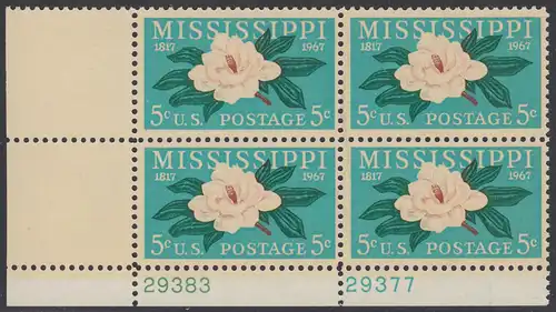 USA Michel 938 / Scott 1337 postfrisch PLATEBLOCK ECKRAND unten links m/ Platten-# 29383 - 150 Jahre Staat Mississippi; Magnolie, Staatsblume von Mississippi  