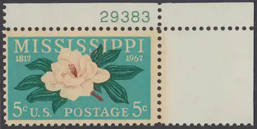 USA Michel 938 / Scott 1337 postfrisch EINZELMARKE ECKRAND oben rechts m/ Platten-# 29383 - 150 Jahre Staat Mississippi; Magnolie, Staatsblume von Mississippi  