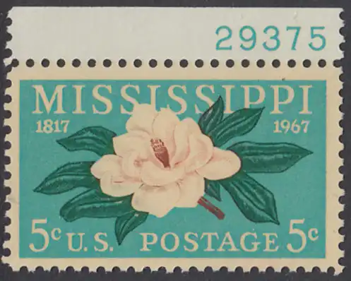 USA Michel 938 / Scott 1337 postfrisch EINZELMARKE RAND oben m/ Platten-# 29375 - 150 Jahre Staat Mississippi; Magnolie, Staatsblume von Mississippi  