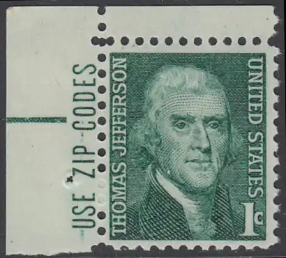 USA Michel 0940 / Scott 1278 postfrisch EINZELMARKE ECKRAND oben links m/ ZIP-Emblem - Berühmte Amerikaner: Thomas Jefferson, 3. Präsident