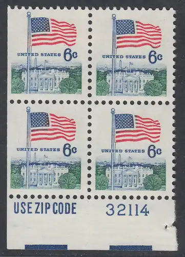 USA Michel 0941D / Scott 1338D postfrisch BLOCK RÄNDER unten m/ Platten-# 21114 & ZIP-Emblem (a1) - Flagge und Weißes Haus