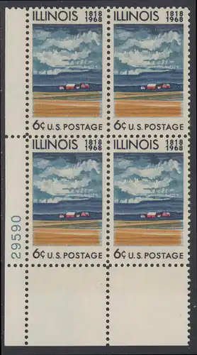 USA Michel 0943 / Scott 1339 postfrisch PLATEBLOCK ECKRAND unten links m/ Platten-# 29590 - 150 Jahre Staat Illinois: Farmhaus und Felder mit reifem Getreide