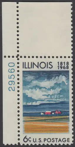 USA Michel 0943 / Scott 1339 mit Falzrest EINZELMARKE ECKRAND oben links m/ Platten-# 29560 - 150 Jahre Staat Illinois: Farmhaus und Felder mit reifem Getreide