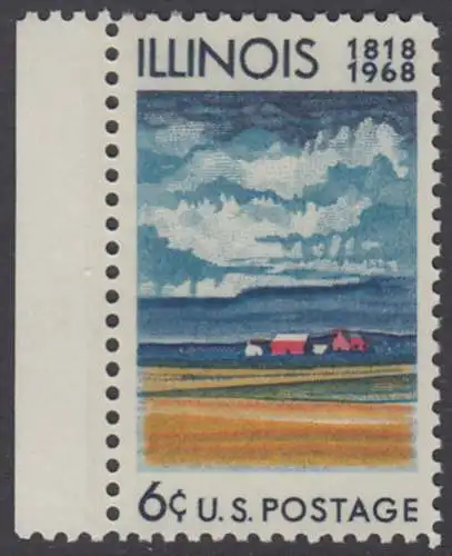 USA Michel 0943 / Scott 1339 postfrisch EINZELMARKE RAND links (a1) - 150 Jahre Staat Illinois: Farmhaus und Felder mit reifem Getreide