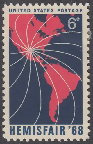 USA Michel 0946 / Scott 1340 mit Falzrest EINZELMARKE - Ausstellung HEMISFAIR ’68; 250 Jahre San Antonio, TX; Landkarte von Nord- und Südamerika