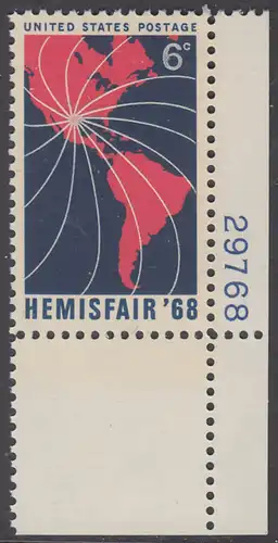 USA Michel 0946 / Scott 1340 postfrisch EINZELMARKE ECKRAND unten rechts m/ Platten-# 29768 - Ausstellung HEMISFAIR ’68; 250 Jahre San Antonio, TX; Landkarte von Nord- und Südamerika