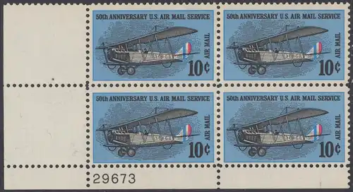 USA Michel 0948 / Scott C074 postfrisch Luftpost-PLATEBLOCK ECKRAND unten links m/ Platten-# 29673 - 50 Jahre US-Flugpostdienst; Erstes Postflugzeug Curtiss JN-4 H Jenny