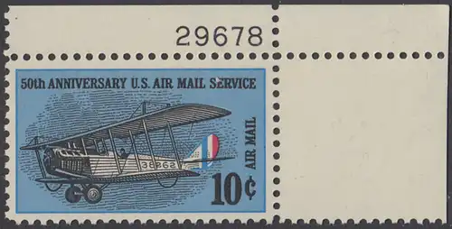 USA Michel 0948 / Scott C074 postfrisch Luftpost-EINZELMARKE ECKRAND oben rechts m/ Platten-# 29678 - 50 Jahre US-Flugpostdienst; Erstes Postflugzeug Curtiss JN-4 H Jenny