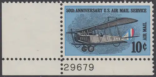 USA Michel 0948 / Scott C074 postfrisch Luftpost-EINZELMARKE ECKRAND unten links m/ Platten-# 29679 - 50 Jahre US-Flugpostdienst; Erstes Postflugzeug Curtiss JN-4 H Jenny
