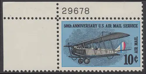 USA Michel 0948 / Scott C074 mit Falzrest Luftpost-EINZELMARKE ECKRAND oben links m/ Platten-# 29678 - 50 Jahre US-Flugpostdienst; Erstes Postflugzeug Curtiss JN-4 H Jenny