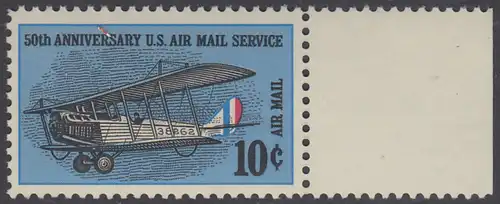 USA Michel 0948 / Scott C074 postfrisch Luftpost-EINZELMARKE RAND rechts - 50 Jahre US-Flugpostdienst; Erstes Postflugzeug Curtiss JN-4 H Jenny