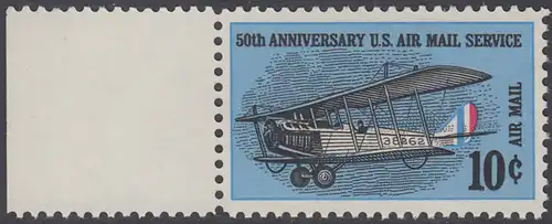 USA Michel 0948 / Scott C074 postfrisch Luftpost-EINZELMARKE RAND links - 50 Jahre US-Flugpostdienst; Erstes Postflugzeug Curtiss JN-4 H Jenny