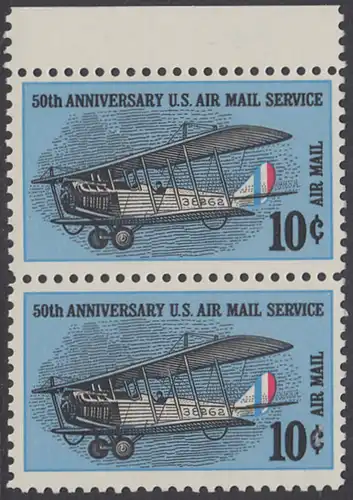 USA Michel 0948 / Scott C074 postfrisch Luftpost-vert.PAAR RAND oben - 50 Jahre US-Flugpostdienst; Erstes Postflugzeug Curtiss JN-4 H Jenny