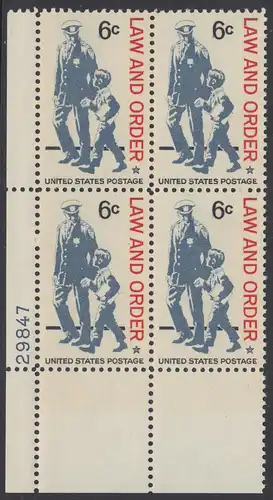 USA Michel 0949 / Scott 1343 postfrisch PLATEBLOCK ECKRAND unten links m/ Platten-# 29847 - Gesetz und Ordnung: Polizist und Schüler