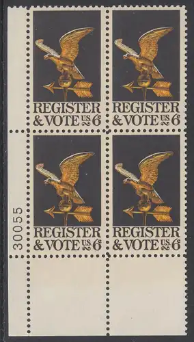 USA Michel 0950 / Scott 1344 postfrisch PLATEBLOCK ECKRAND unten links m/ Platten-# 30055 - Aufforderung zur Wahl des neuen Präsidenten: Adler als Wetterfahne 