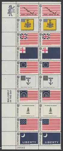 USA Michel 0960 / Scott 1345-1354 postfrisch vert.PLATEBLOCK(20) ECKRAND unten links m/ Platten-# 30045 - Historische Flaggen