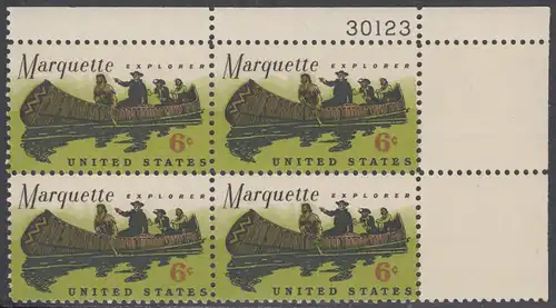 USA Michel 0964 / Scott 1356 postfrisch PLATEBLOCK ECKRAND oben rechts m/ Platten-# 30123 - Jacques Marquette, französischer Jesuitenpater und Forscher, mit seinem Begleiter Louis Joliet im Indianderkanu auf dem Mississipi