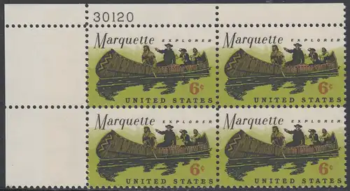 USA Michel 0964 / Scott 1356 postfrisch PLATEBLOCK ECKRAND oben links m/ Platten-# 30120 - Jacques Marquette, französischer Jesuitenpater und Forscher, mit seinem Begleiter Louis Joliet im Indianderkanu auf dem Mississipi