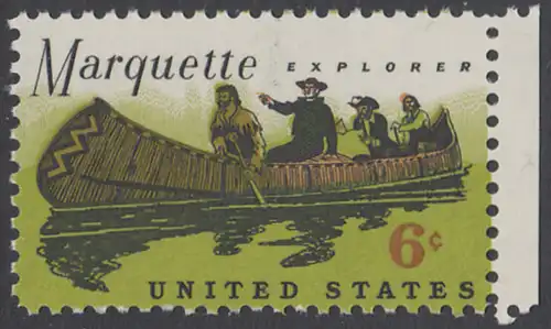 USA Michel 0964 / Scott 1356 postfrisch EINZELMARKE RAND rechts - Jacques Marquette, französischer Jesuitenpater und Forscher, mit seinem Begleiter Louis Joliet im Indianderkanu auf dem Mississipi